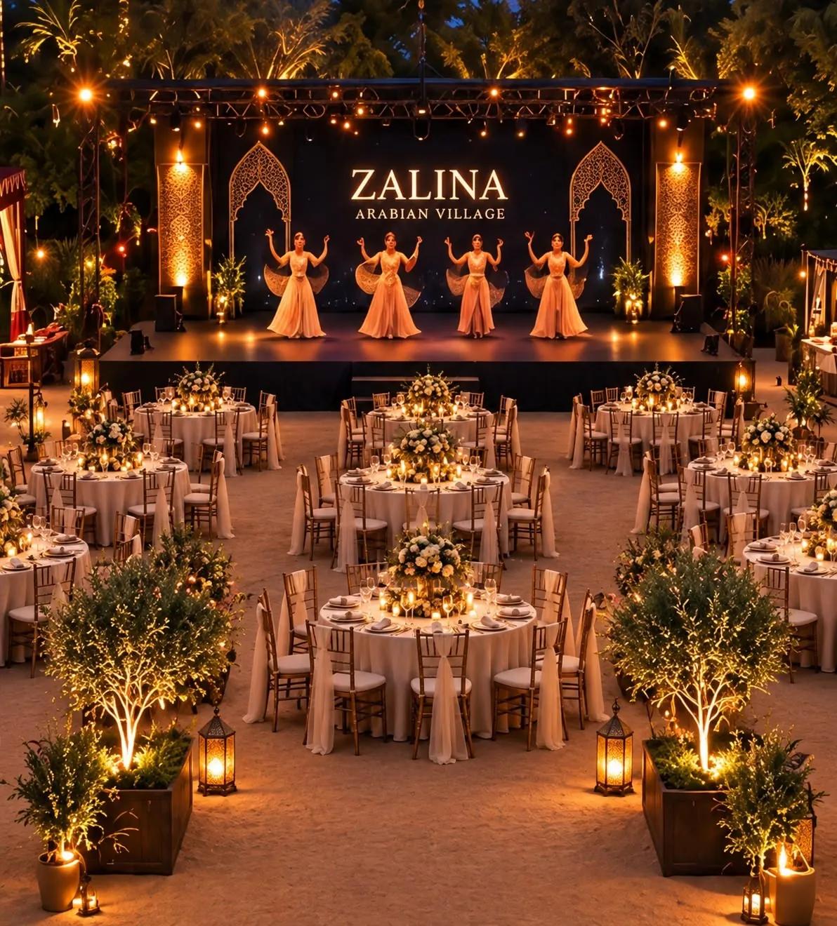 Cultural performance on the Zalina wedding stage with guests dining in the foreground