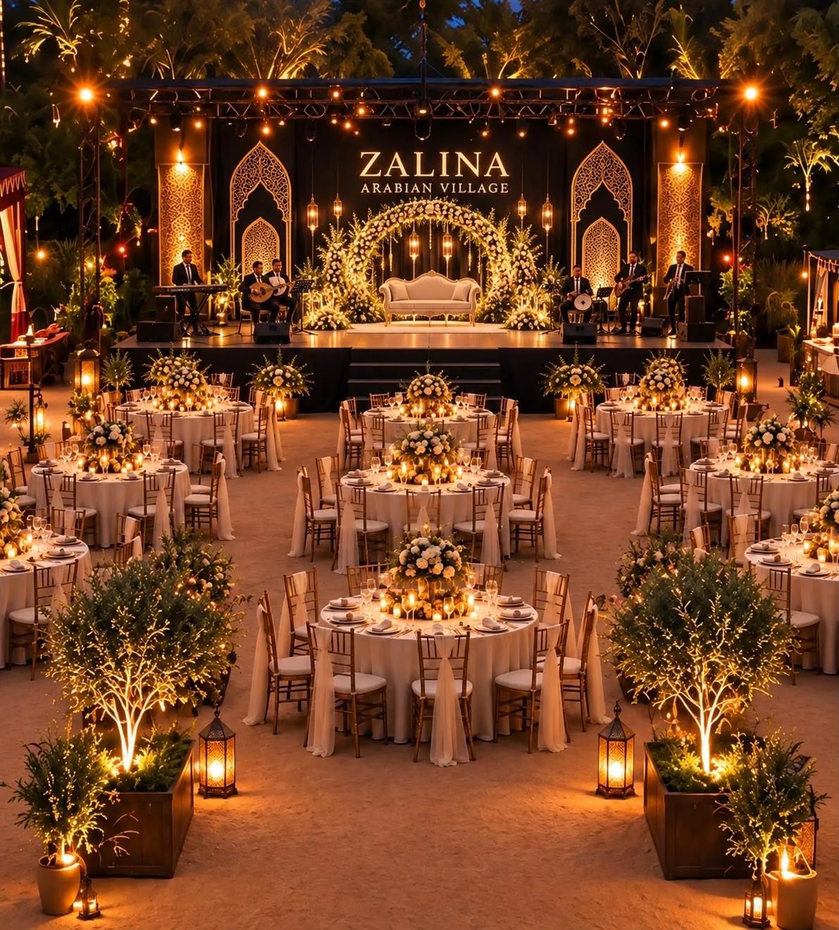 Floral wedding kosha with live musicians and dining at Zalina