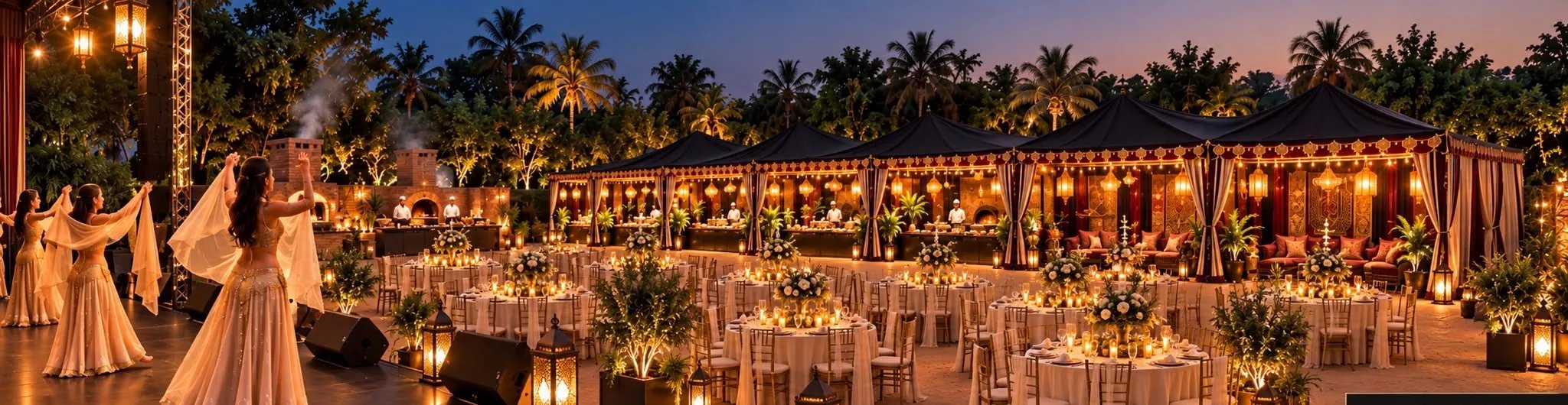 Evening wedding celebration at Zalina Arabian Village with illuminated stage and dining